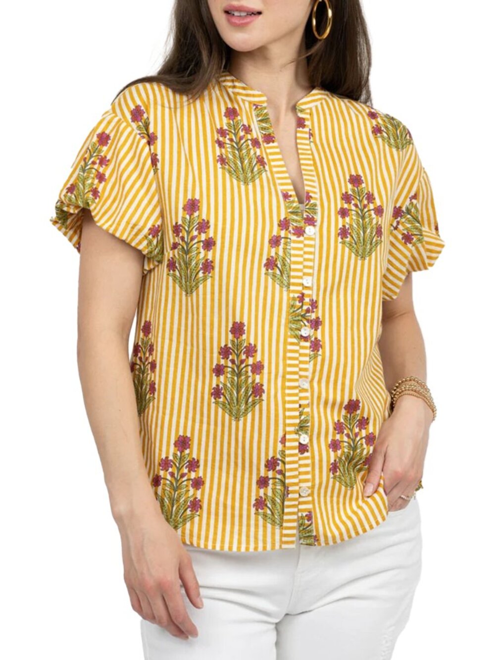 Ivy Jane Striped Block Print Blouse - Small - Mustard + White floral button up